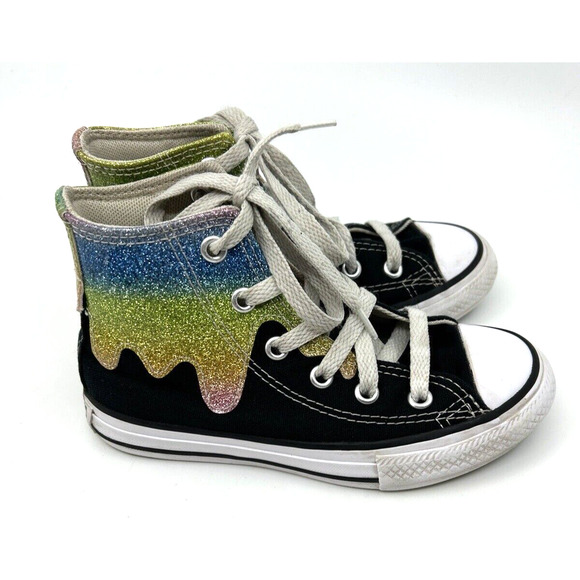 Converse Girls High Top Chuck Taylor Sneaker Size 11 Glitter Drip Black - Picture 2 of 7